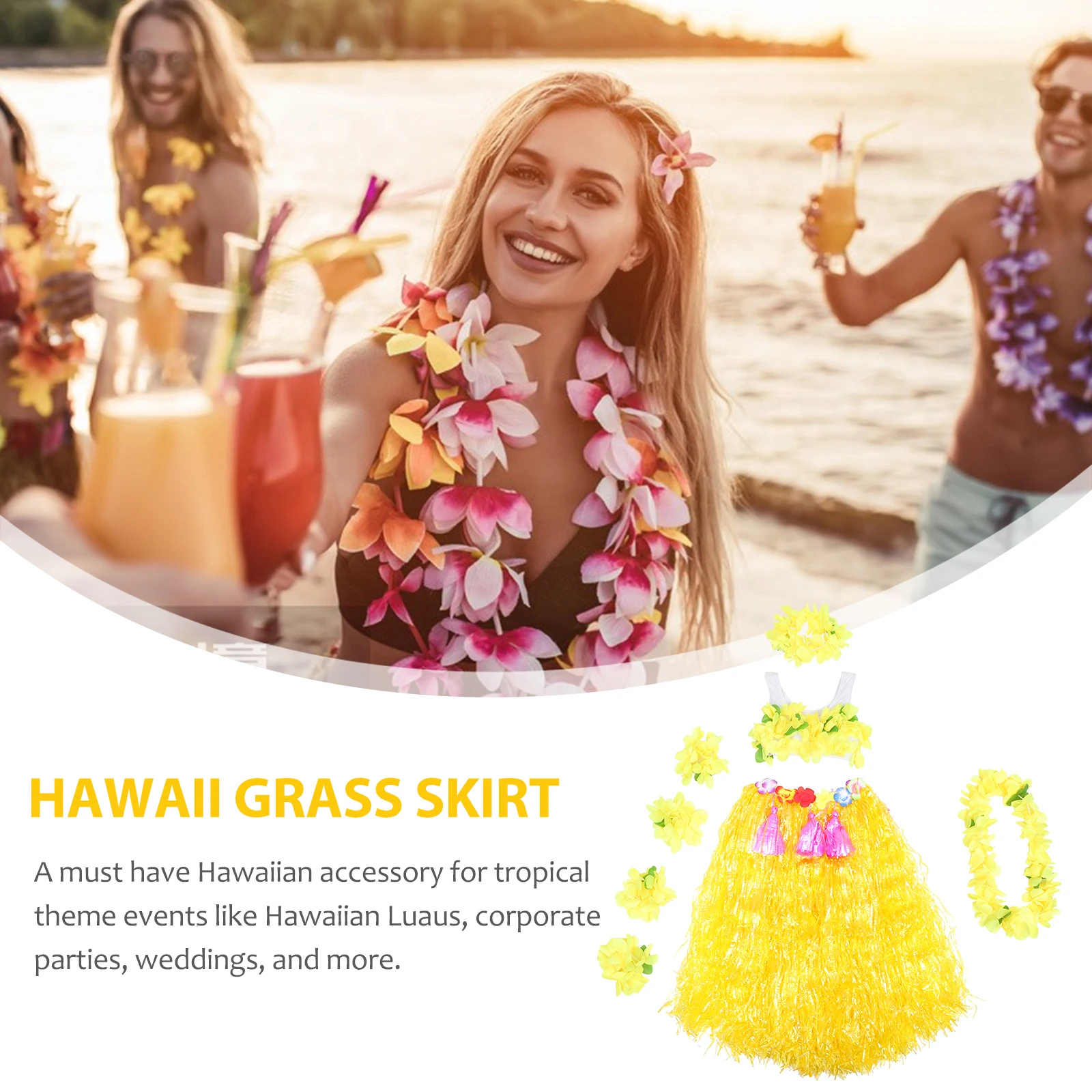 6 Pcs Dance Costume Girls Luau Outfit Grass Skirt Hawaiian Hair Wreath Party Wristbands Costumes Skirts Dress Child