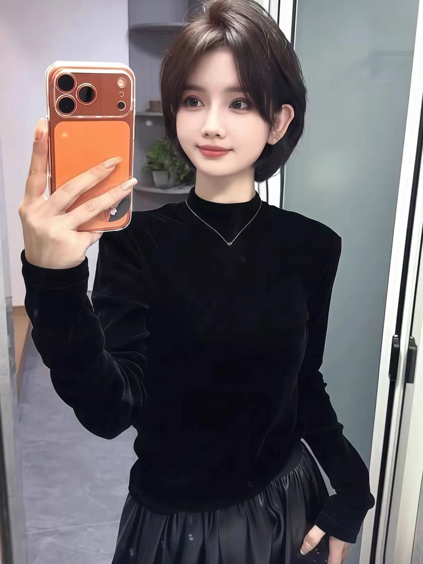 Faionable Velvet Long Sve Base irt Pure Color Inner Wear Commute Sle Damen-T-Shirt in Übergröße, koreanischer Straight-Cut