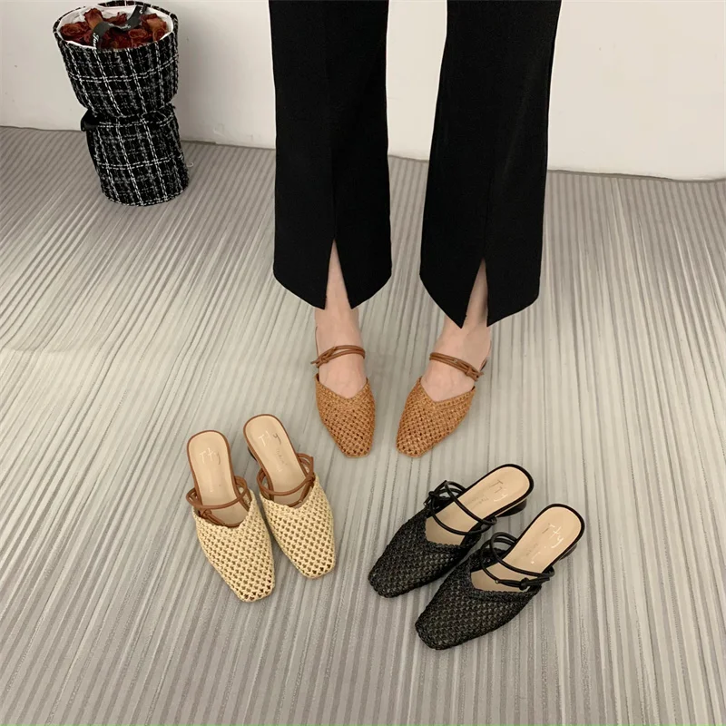 Bailamos Summer New Women Slippers Shallow Slip On Women Mules Shoes Square Low Heel Ladies SandalS Casual Outdoor Slides