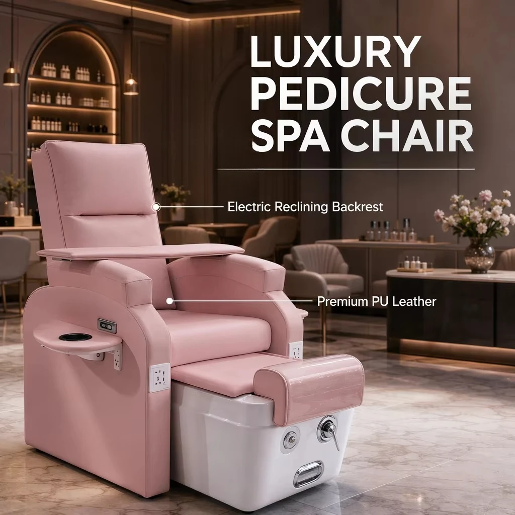 Luxury Pink Pedicure Spa Chair with Electric Reclining Backrest White Base Footrest Professional Salon Nail Foot Massage Throne