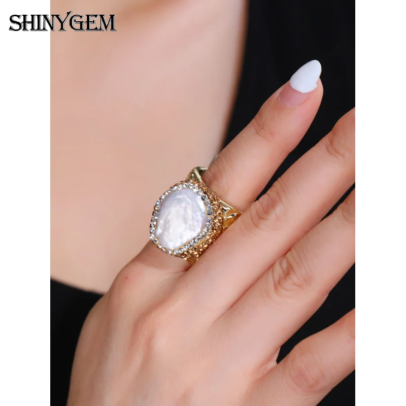 

SHINYGEM Natural Baroque Pearl Irregular Inlaid Diamond Open Jewelry Fashion Party Ring Gift