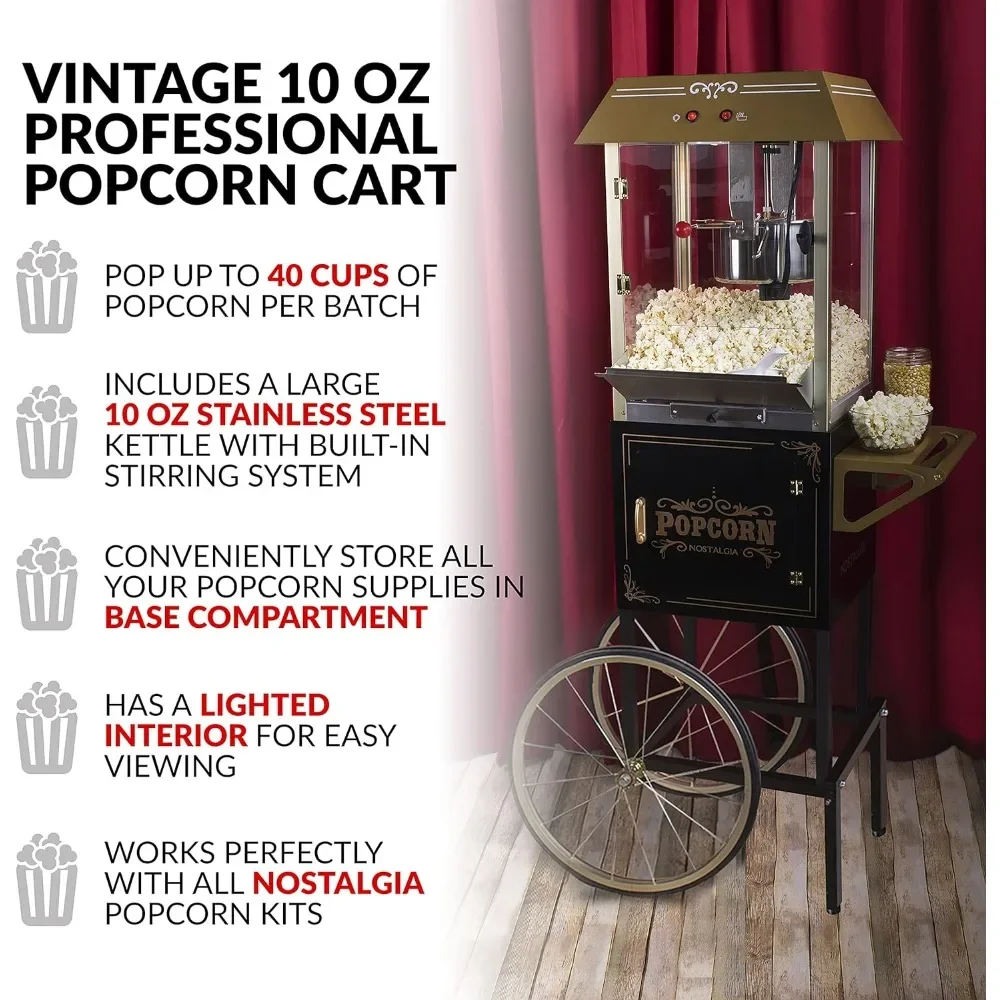 Popcorn Maker Machine - Professional Cart With 10 Oz Kettle Makes Up to 40 Cups - Vintage Popper Popcorn Machine Style - Black