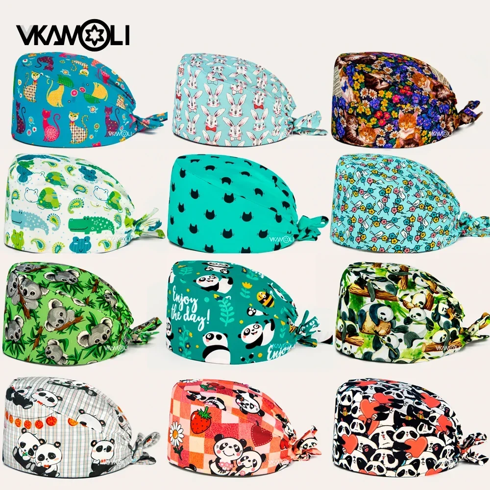 Wholesale cartoon panda, rabbit and cat series printing scrubs hat pet shop  Health laboratory work cap medical scrubs cap