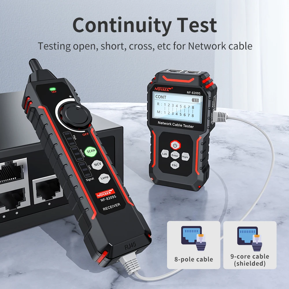 NOYAFA NF-8209S Localizzatore di cavi di rete Lan Tester di misurazione Strumenti di rete Display LCD Misura lunghezza Wiremap Tester Localizzatore di cavi