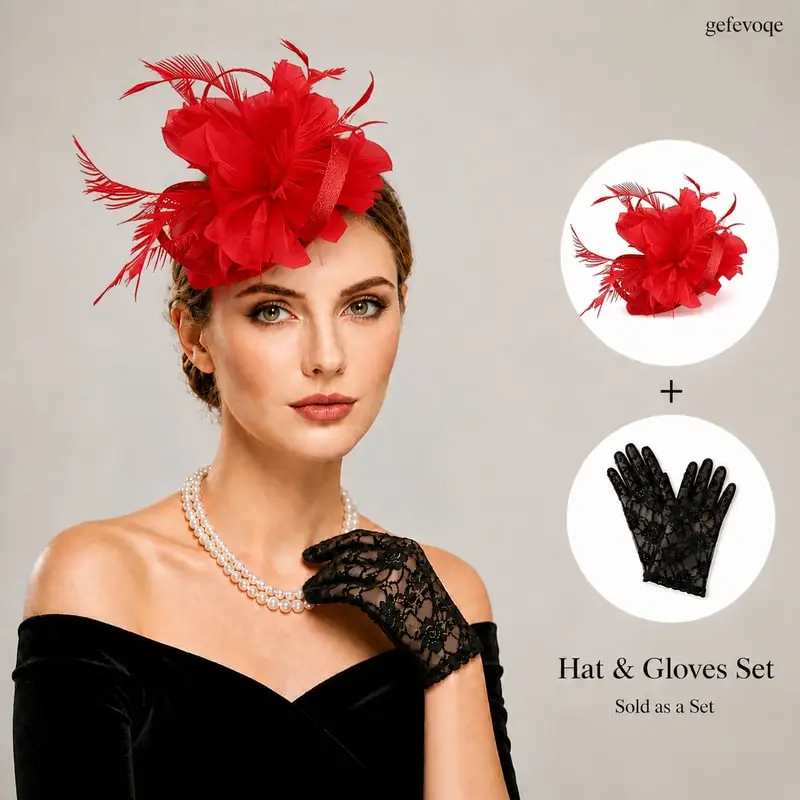 Women Feather Flower Fascinator Hat Lace Gloves Set Vintage Tea Party Headwear Hair Accessories for Wedding Cocktail Party