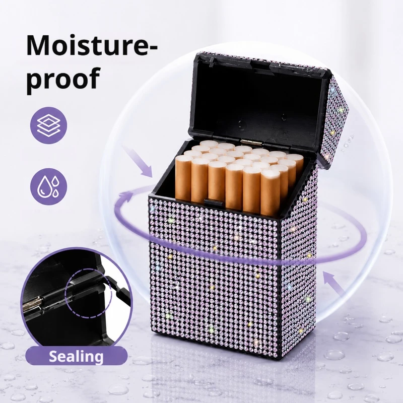 Rhinestone Decor Flip Top Cigarette Box Moisture Resistant Pocket Size Cigarette Storage Case For Men view 3