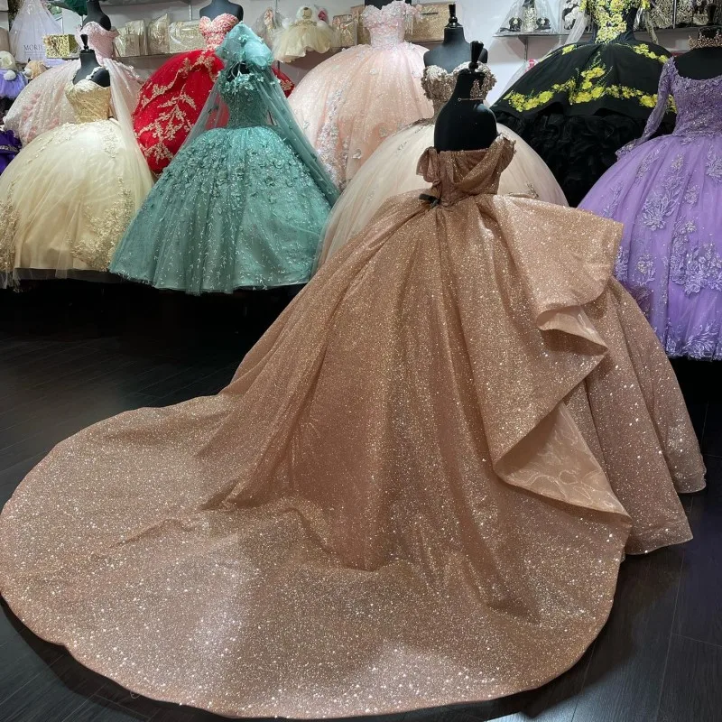 فساتين Quinceanera على شكل قلب الشمبانيا حلوة 16 تول مكشكش سباركلي 3DFlower Vestido De 15 Anos حفلة تنكرية فستان حفلة عيد ميلاد