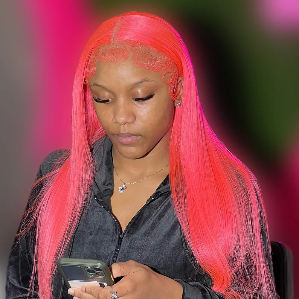 

Dark Pink 13x6 Lace Front Human Hair Wig For Women Pre-Plucking Brazilian Straight Colored 613 Human Hair Wig Lace Frontal Wig