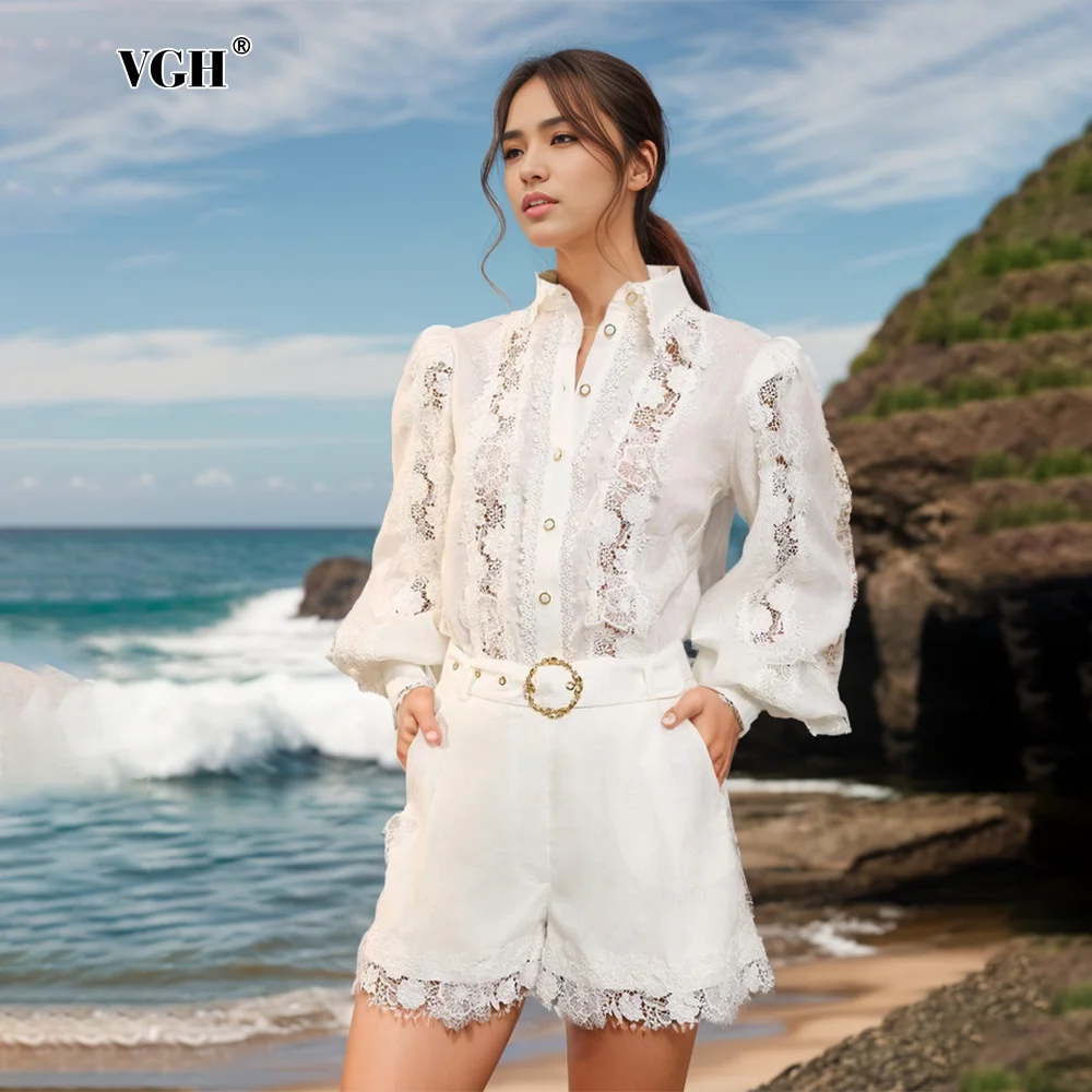 

VGH Casual Loose Two Piece Set For Women Lapel Long Sleeve Shirt High Waist Wide Leg Shorts Spliced Lace Hollow Out Sets Female