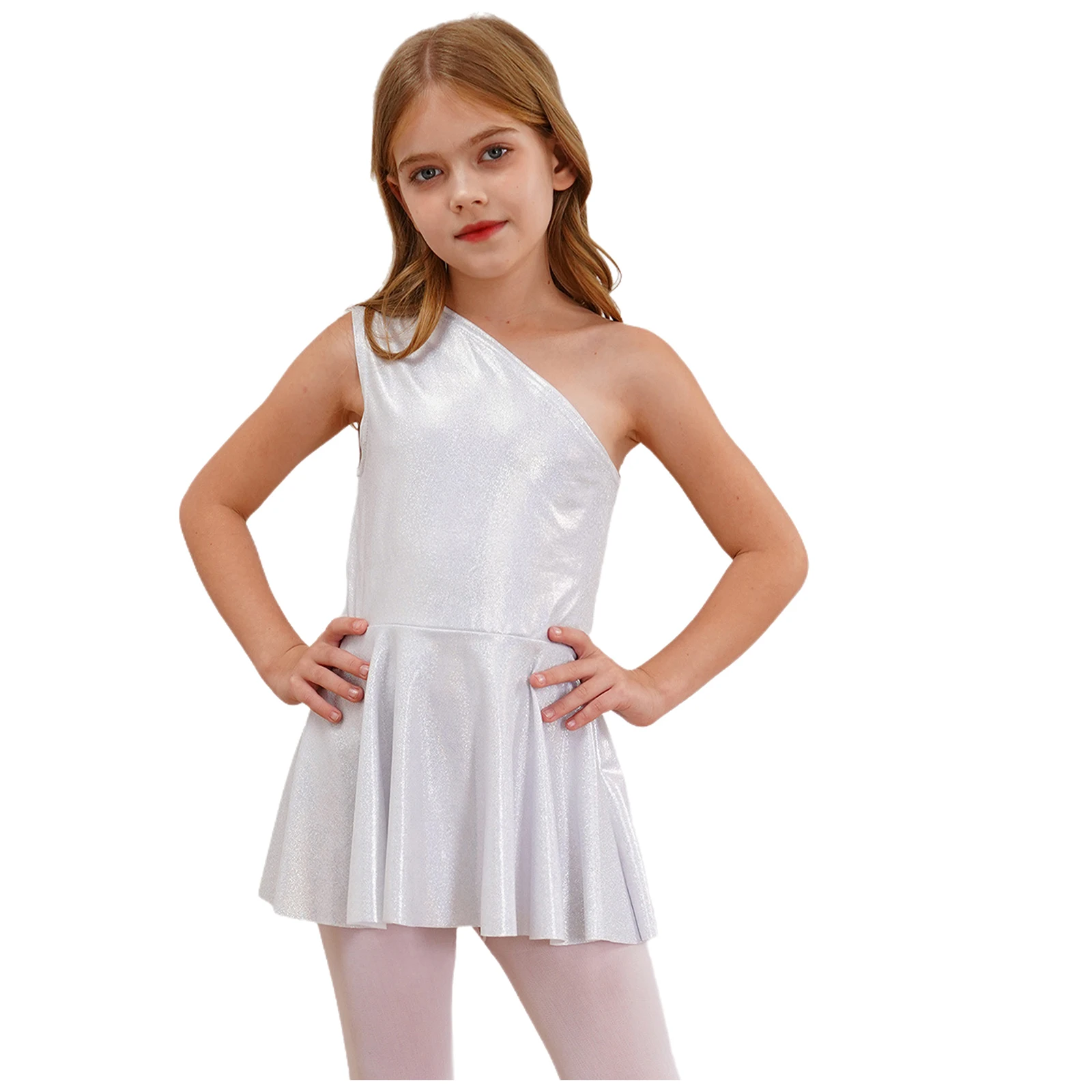 Kids Girls One Shoulder Sleeveless Metallic Shiny Dress Cheerleading Jazz Dance Costume Performance School Party Show Dancewear