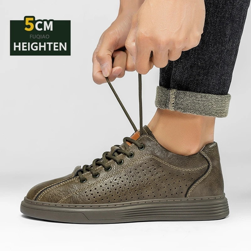

2026 New Summer Hollow Leather Casual Elevator Shoes For Men Women 5cm Inner Height Increasing Breathable Comfortable Sneakers