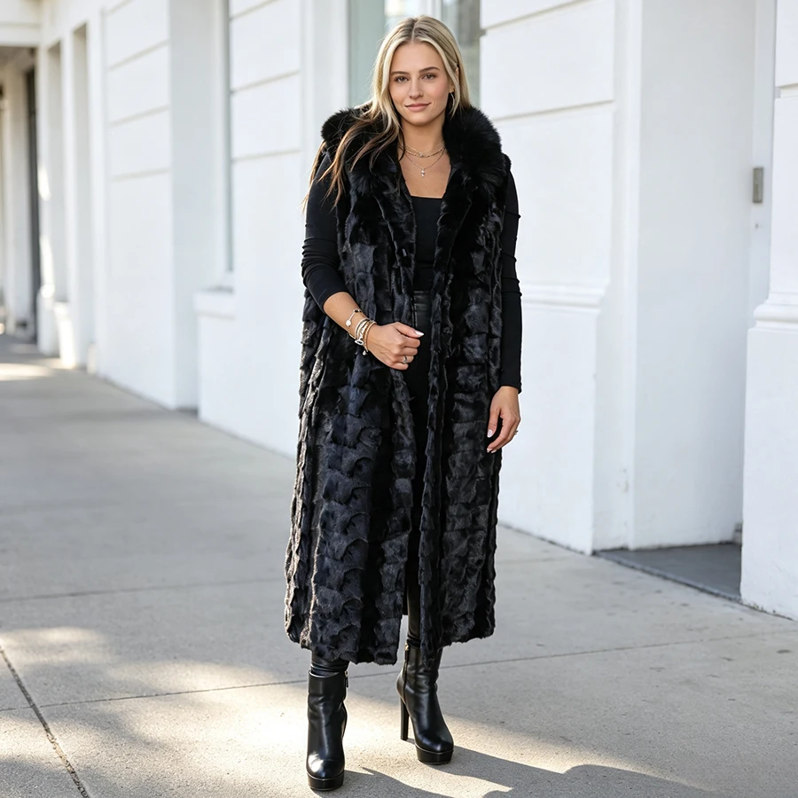 Woman's Black Sectioned Mink Fur Vest With Lavish Hood With Fox Trim Long Natural Mink Fur Gilet Luxury Genuine Fur Outerwear