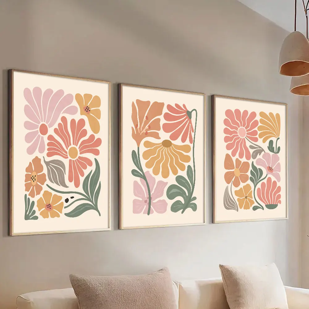 Set of 3 Boho Abstract Botanical Floral Art Poster Canvas Print Flower Market Vintage Painting Minimalist Wall Decor Picture
