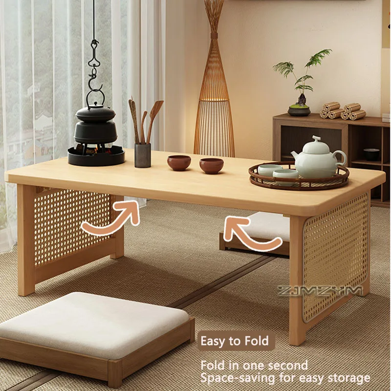 Rattan Woven Low Tea Table Solid Wood Tatami Floor Coffee Table Rectangular Floor Sitting Table for Tea Room Balcony Living Room