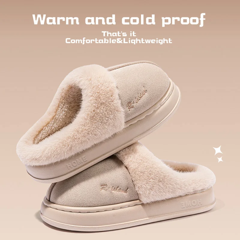 Winter Warm House Slippers For Men Women Suede Plush Fur Lined Cotton Shoes Thick Sole Non-Slip Indoor Bedroom Floor Couple Mule