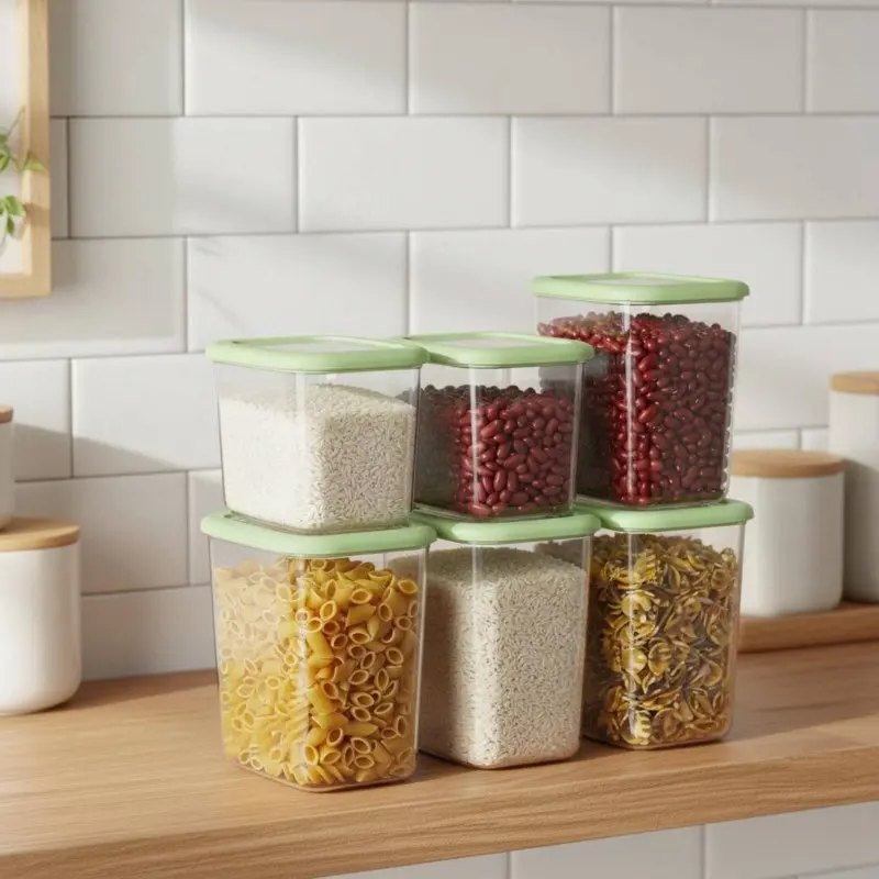 סט של 6 מיכלי אחסון מזון אטומים, בעיצוב שקוף, לאחסון מוצרים יבשים, ניתנים לערום, לארגון המזווה