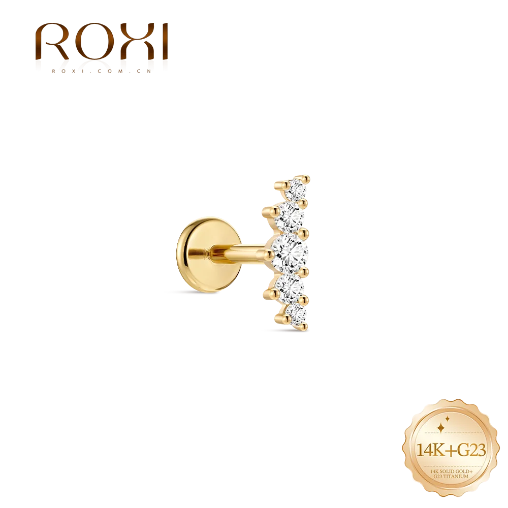 ROXI 1PC 14K Solid Gold Classic Graduated Round CZ Flat Back Cartilage Piercing Earring Multi Size 5/6/8mm Ear Jewelry For Women