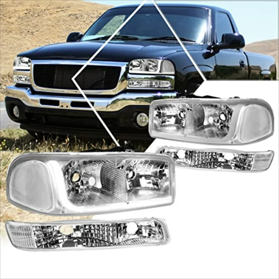 

Комплект из 4 светодиодных фар DRL и бамперных фонарей для Sierra Yukon 99-07, хромированный корпус, прозрачные угловые фонари