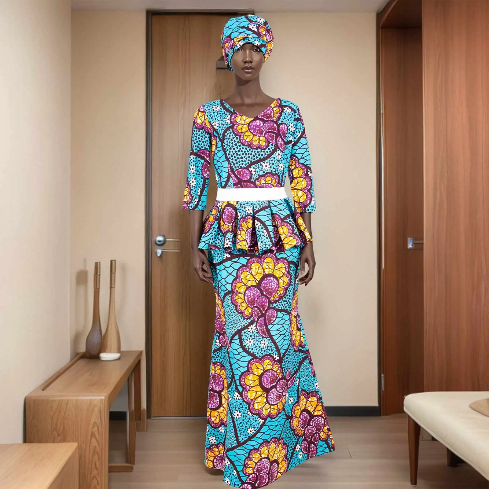 African Clothes for Women 3 Piece Outfits Ankara Print V-neck Shirt Skirt Headwrap Bazin Riche Elegant Date Wedding Y2326011