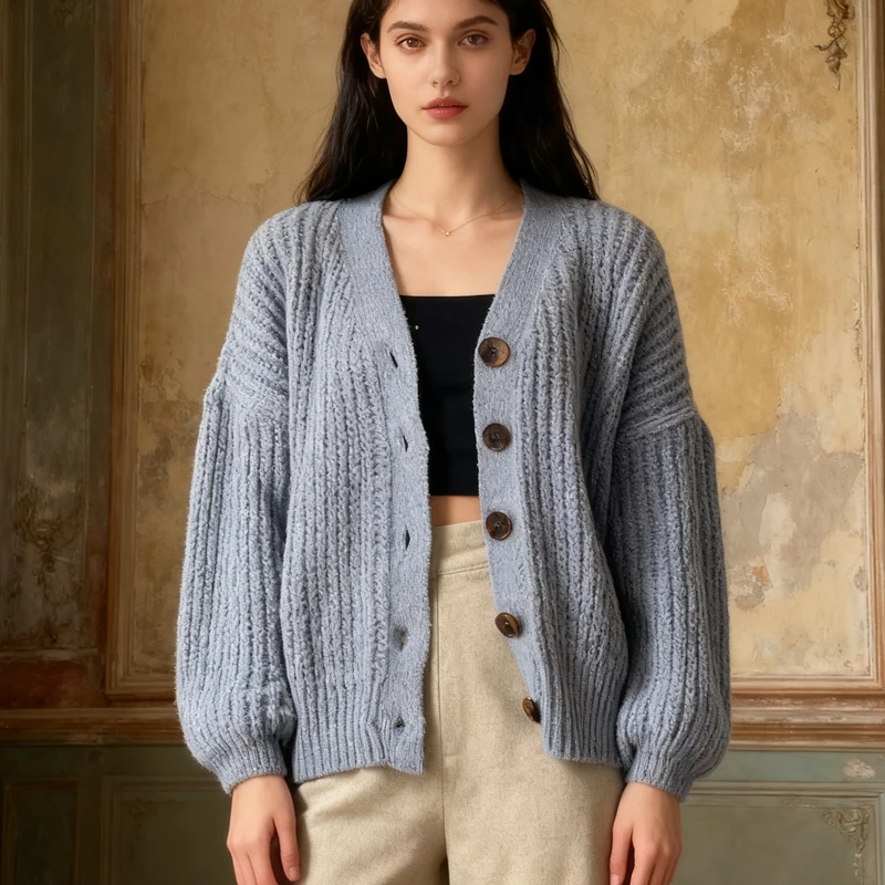 

Autumn Fashion Women Loose Cardian Sweater Casual V-neck Long Sleeve Solid Knitted Top Sweet Lantern Sleeve Women's Knitwear