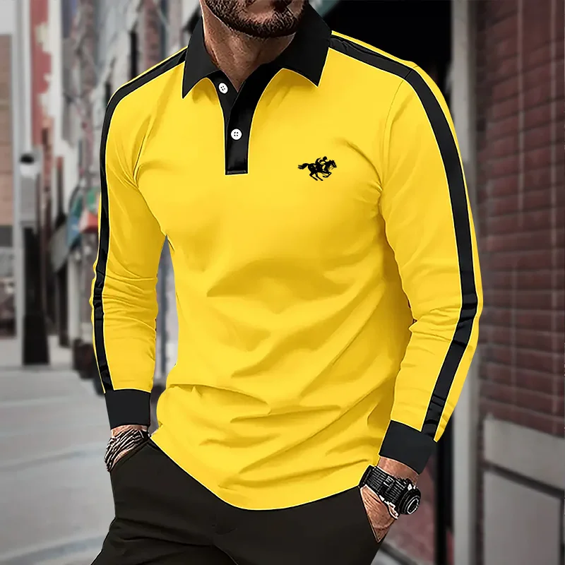 2024 Men\'s long sleeved polo shirt, spring and autumn casual sports breathable top, men\'s fashion patchwork polo shirt