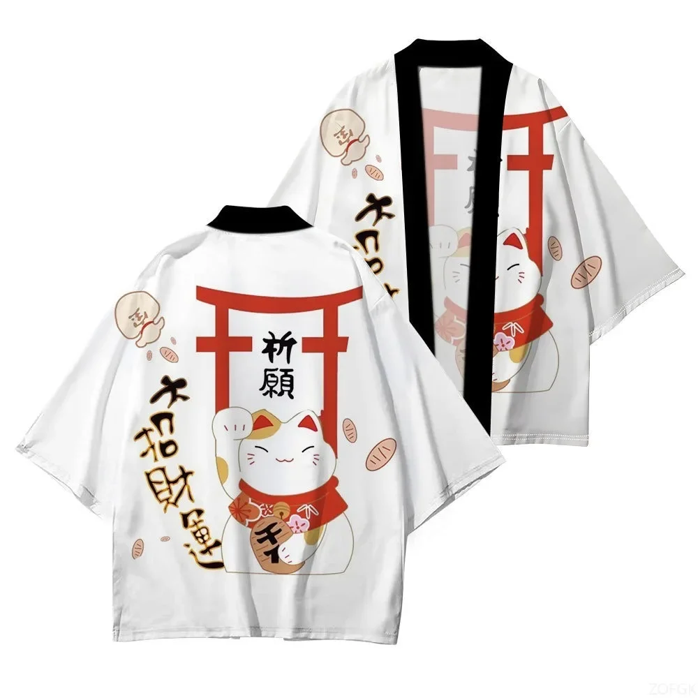 Japanese Ukiyo-e Kimono Cloak 3D Printed Lucky Cat Loose and Trendy Seven Quarter Sleeved Yukata Cardigan Taoist Robe Jacket
