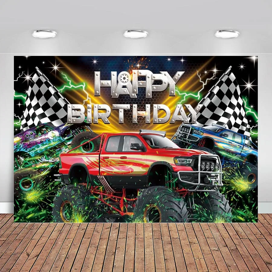 

Truck Happy Birthday Backdrop Truck Themed Burning Flame Photography Background Boy Children's Birthday Party Decorations