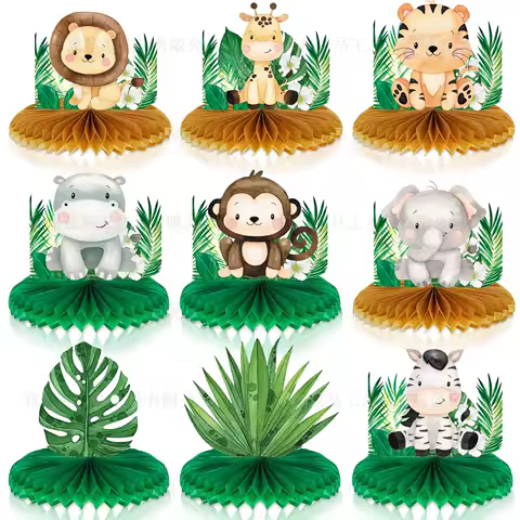 9pcs Cartoon Jungle Animals Fan Honeycomb Table Ornaments Safari Monkey Lion Tiger Wild Theme Kids Birthday Party DIY Supplies