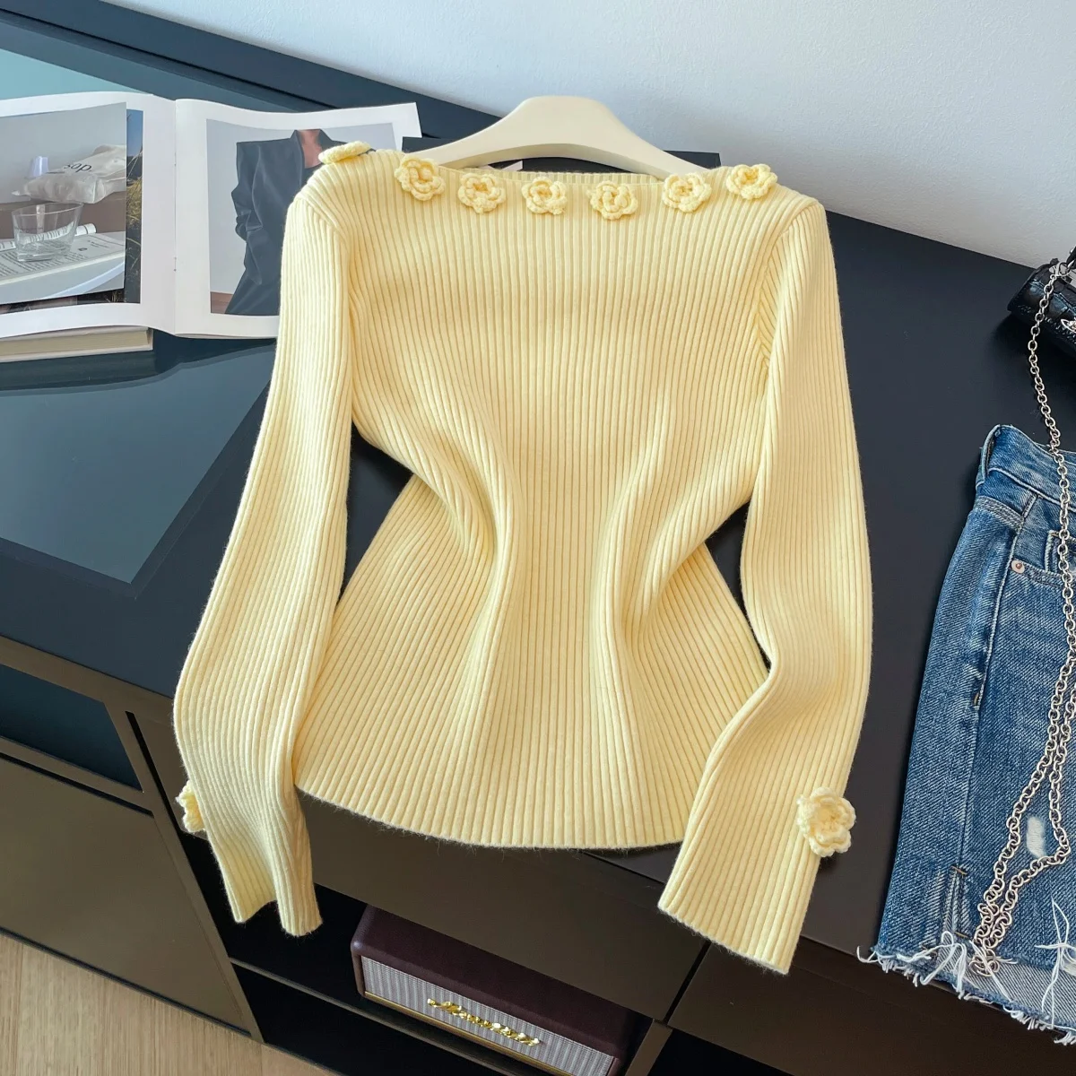 

Women Yellow Slash Neck Pullover Sweater Vintage 2000s Jumper Knit Long Sleeves 3D Floral Cashmere Sweater Spring Autumn Clothes