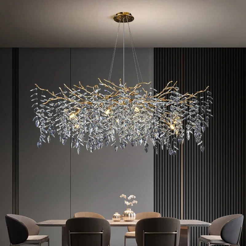 Lange Boomtak Kristallen Kroonluchter Voor Eettafel Woonkamer Moderne Luxe Lange Kristallen Plafond Kroonluchter Hanglamp