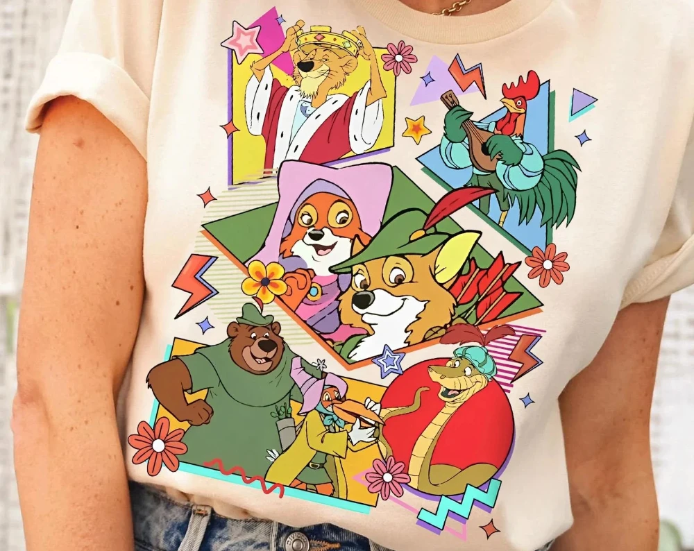 Camiseta retro con diseño del grupo de personajes de Disney Robin Hood | Camiseta de Disney Marian John Sir, Vestido de Viaje para Niñas de Disney Park