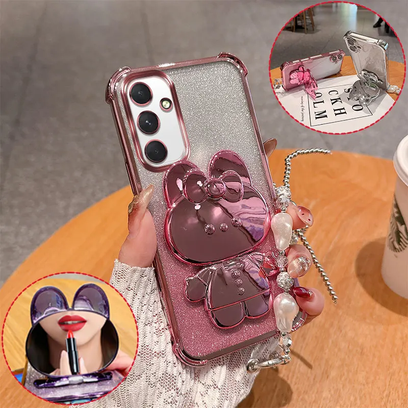 Modische, süße 3D-Hasen-Spiegel-Handyhülle für Samsung Galaxy S26 26 Ultra Plus Edge, Glitzer-Anti-Sturz-Hülle mit Perlenkette