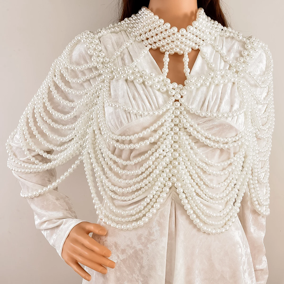 

Fashion Pearl Mesh Body Chain Halter Style With Long Golden Tassels Bridal Jewelry For Formal Gowns and Photoshoots