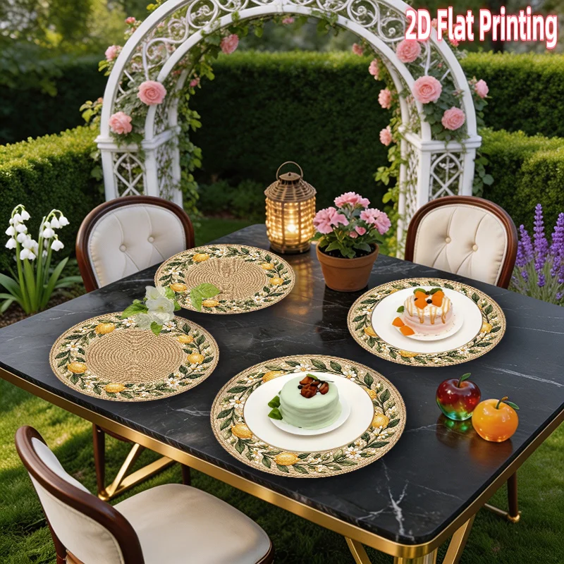 4-Piece 2D Printed Placemats - Imitation Rattan Lemon Flower Round - 15-Inch Polyester Tablecloth, Home Decoration, Festival Use