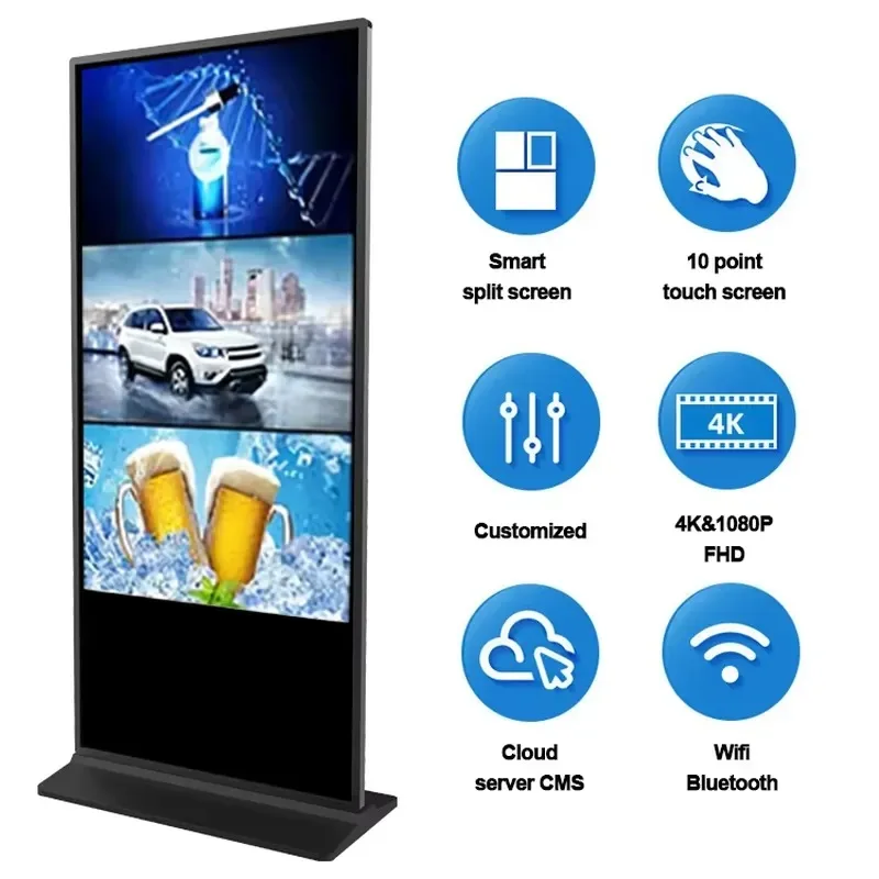 HDFocus 32 to 75 Inch Indoor Touch Advertising Screen LCD Totem Kiosk for Shopping Mall Digital Signage Displays with Cloud