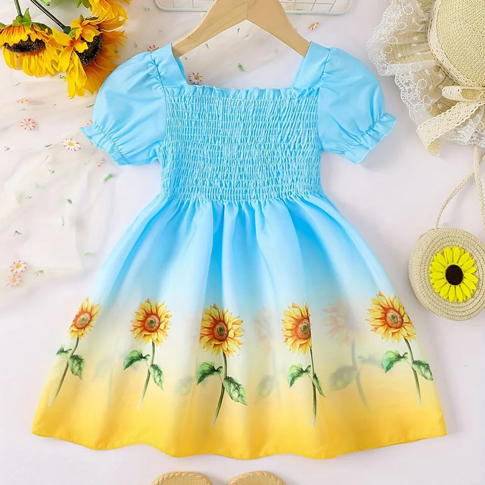 Summer Casual Dresses for Girls Gradient Sunflower Print with Delicate Bubble Sleeves Fashion and Fun Dress for Stylish Wardrobe