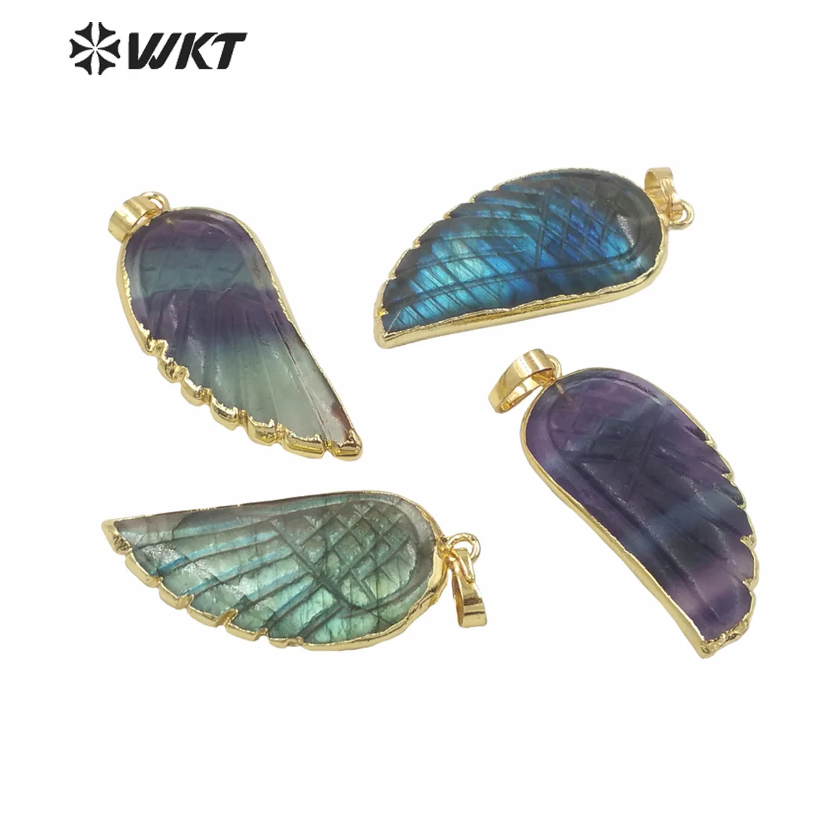 

WT-P1936 WKT 2023 Beautiful Style Rainbow Fluorite & Labradorite Pendant Feather Shape Women Wedding Pendant Jewelry 18K Gold