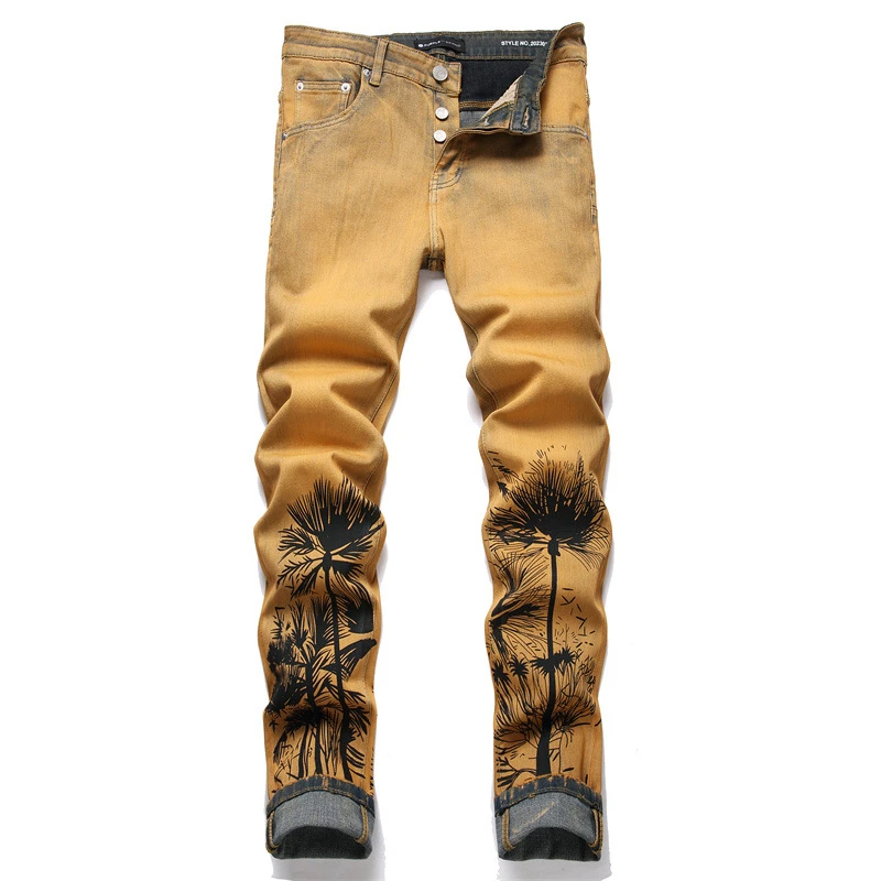 New Vintage Color Fashion Printed Jeans Mid-Waist Street Slim Stretch Pants Men\'s Casual Pants