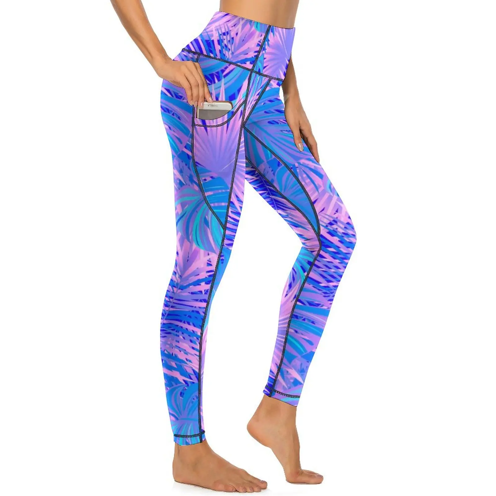 Pantaloni da Yoga a foglia viola con tasche Leggings con piante tropicali Push Up collant sportivi da Yoga carini Leggins da corsa elasticizzati per il Fitness