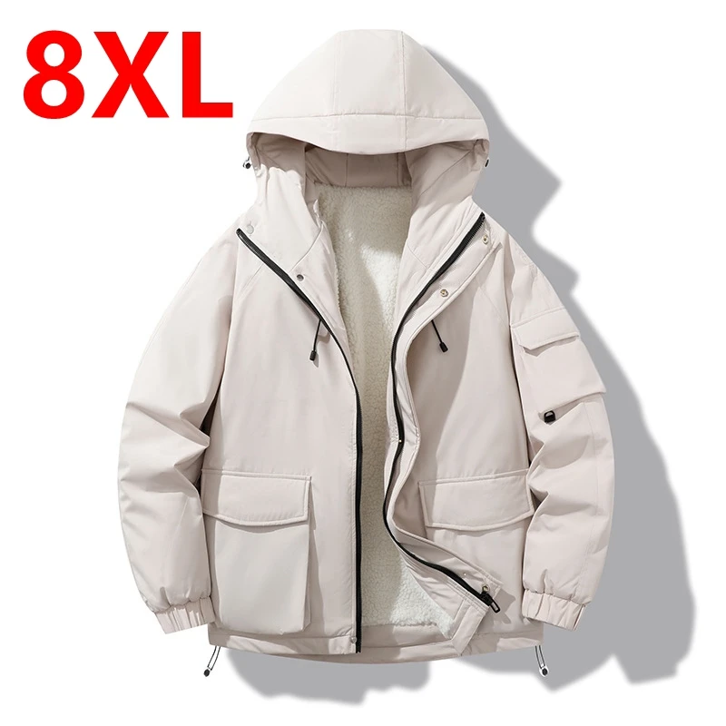 Winter plus size men trendy loose hooded solid color jacket casual comfortable warm thick cotton coat 8xL 130kg