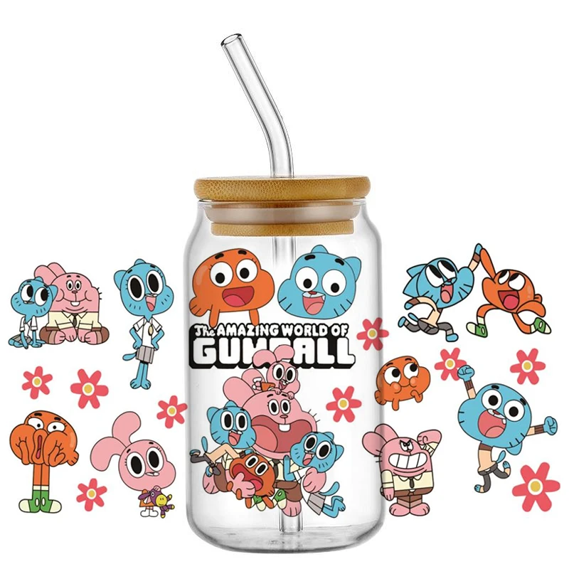 جديد الأشعة فوق البنفسجية DTF كأس التفاف لطيف Gumball نقل ملصقات ثلاثية الأبعاد ل 16 أوقية Libbey الزجاج يمكن بهلوان ذاتية اللصق مقاوم للماء الشارات بالجملة