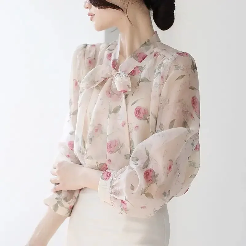 

Spring Autumn Rose Fashion Harajuku Slim Fit Tops Women Casual All Match Lady Blouse Printed Long Sleeve Shirts Bowknot Blusa