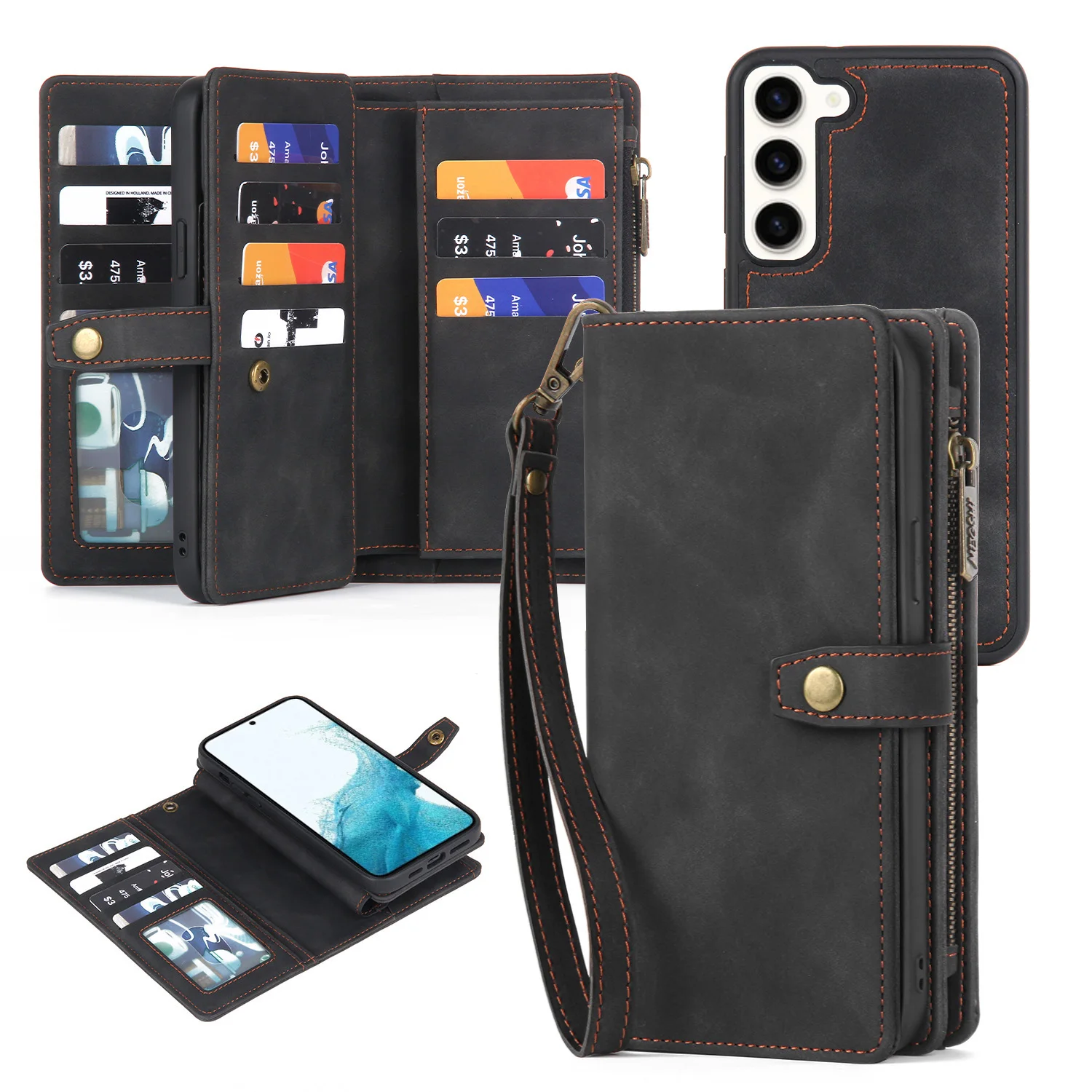 

Flip Zipper Leather Phone Case, Card Slot Wallet Cover, Magnetic Buckle, Fall Prevention, Samsung Galaxy S22 + 5G, Case 6.6"