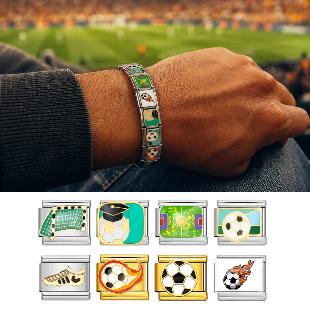 Fashion New Italian Charm Beads Football Soccer Fans Series Fit DIY Making 9mm Italian Charm Bracelet Stainless Steel Jewelry