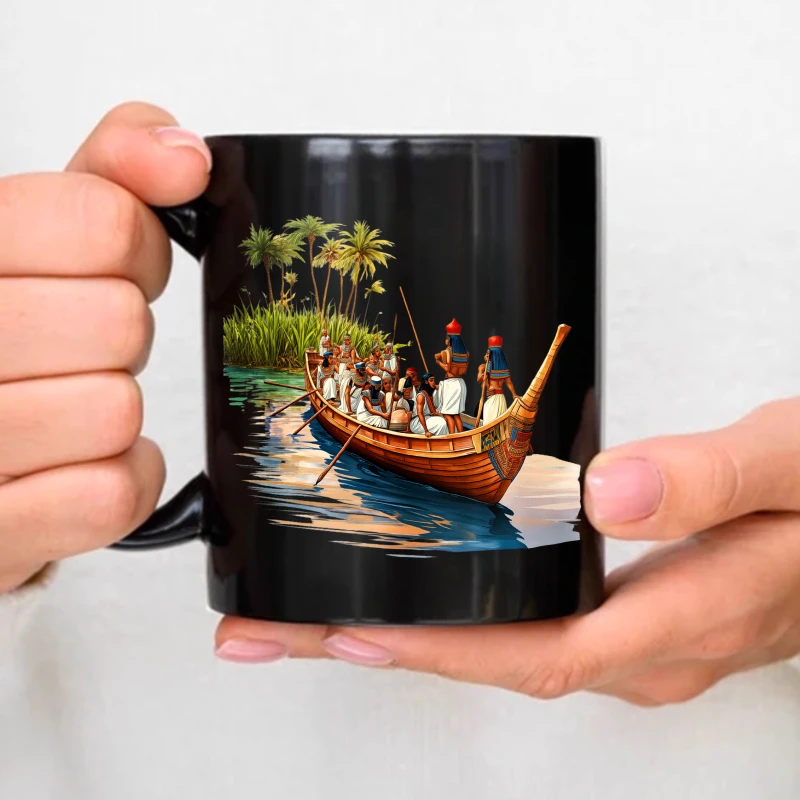 

Ceramic mugs, black ancient Egyptian ship scenes, pharaohs and crew on a river near palm trees, coffee and tea sets, suitable fo