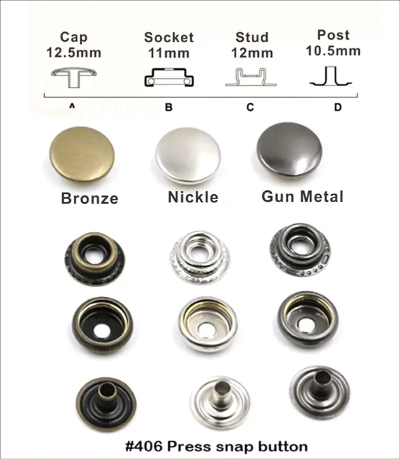 프레스 스터드가 있는 금속 스냅 버튼, 황동 단추, 패스너, 프레스 스터드, 12.5mm, 4 부분, FP-406 #203, 60 세트