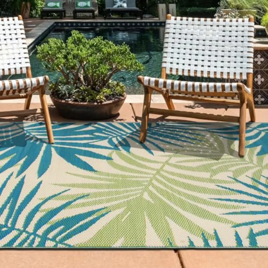 

Outdoor rug for patio, backyard, RV, deck, picnic, trailer, beach, camping: reversible floral design, crease-free, waterproof,