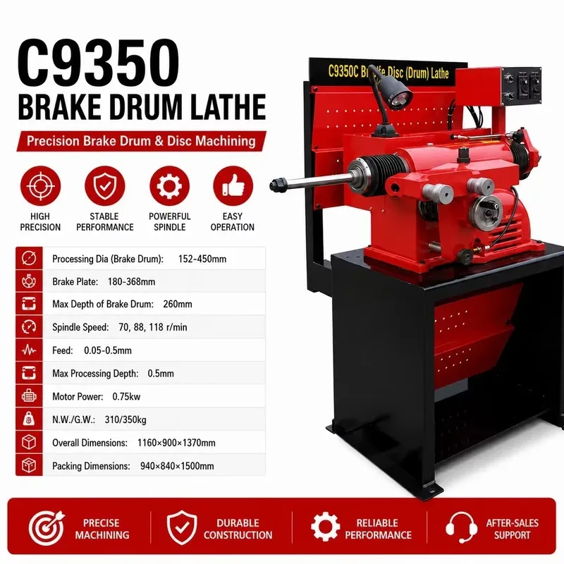 Hot Sale KJ-C9350 Heavy Brake Lathe Machine 70-118RPM Brake Rotor and Drum Resurfacing Equipment 260mm Deep for Auto
