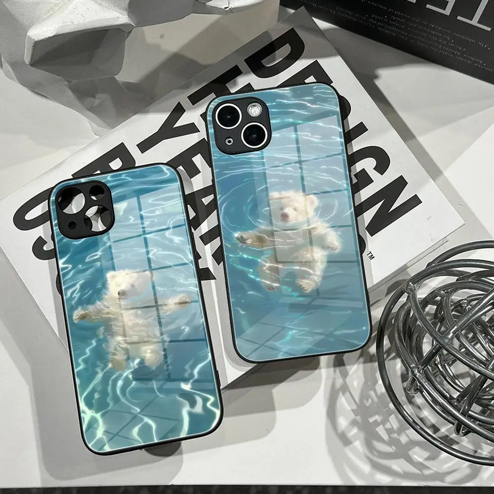 

Swimming bear Phone Case Tempered Glass Shell FOR IPhone 15ProMAX 14 11 12 Pro 15 16 Plus 13 Pro MAX XR XS Cats And Dogs Cover