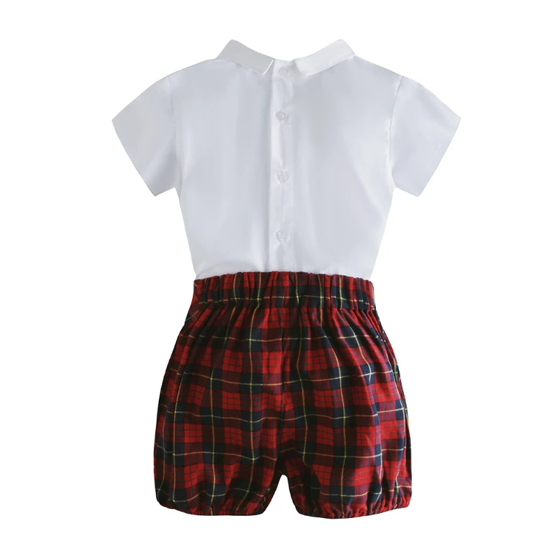 2024 Children's Top and Bottom Clothes Sets Spanish Outfit for Little Boys Summer Matching Newborns White Shirt + Plaid Pants